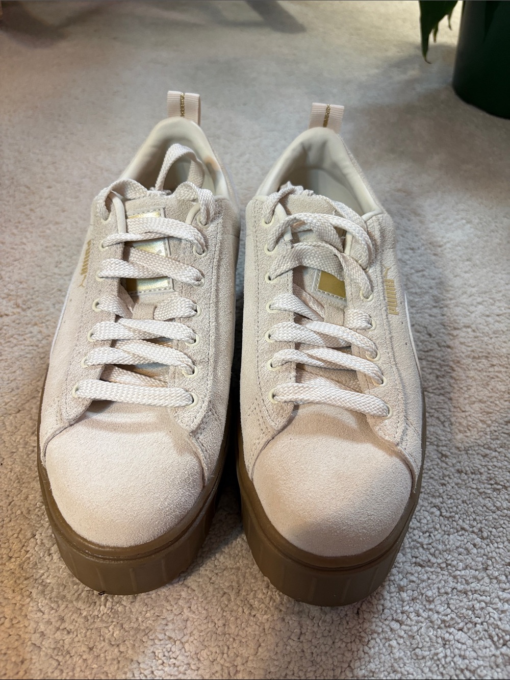 Puma Cream Suede Platform Sneakers with Brown Sole